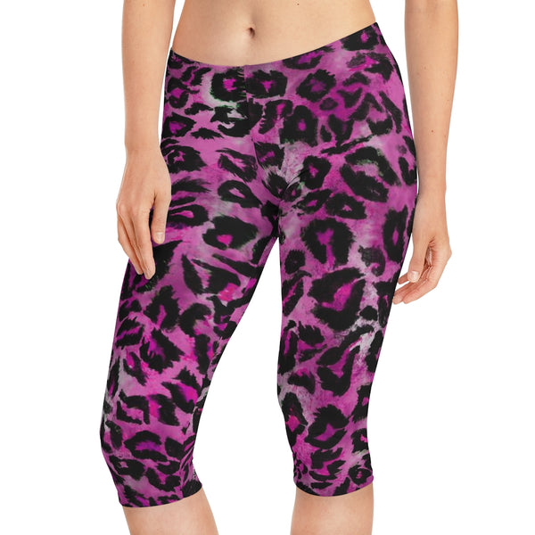 Pink Leopard Women's Capri Leggings, Pink Leopard Animal Print Knee-Length Polyester Capris Tights-Made in USA (US Size: XS-2XL)