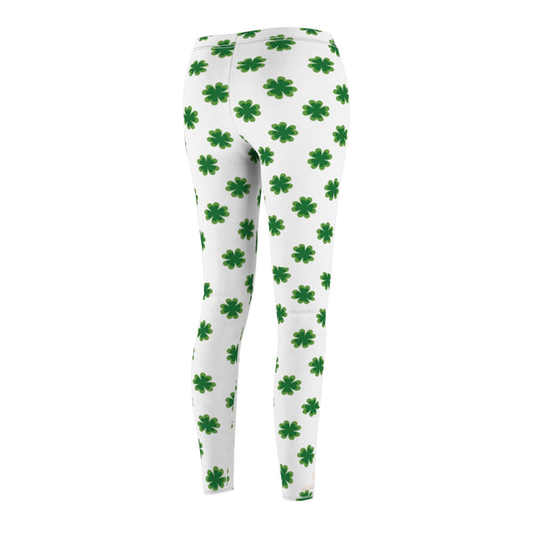 White Green St. Patrick's Day Green Clover Print Women's Long Casual Leggings- Made in USA-Casual Leggings-Heidi Kimura Art LLC