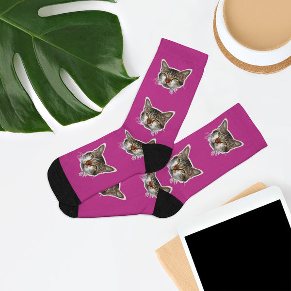 Hot Pink Cat Print Socks, Cute Calico Cat One-Size Knit Premium Unisex Socks- Made in USA-Socks-One size-Heidi Kimura Art LLC
