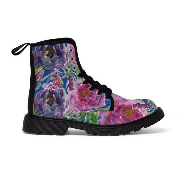 Abstract Purple Floral Women's Boots, Flower Rose Print Elegant Feminine Casual Fashion Gifts, Flower Rose Print Shoes For Rose Lovers, Combat Boots, Designer Women's Winter Lace-up Toe Cap Hiking Boots Shoes For Women (US Size 6.5-11)
