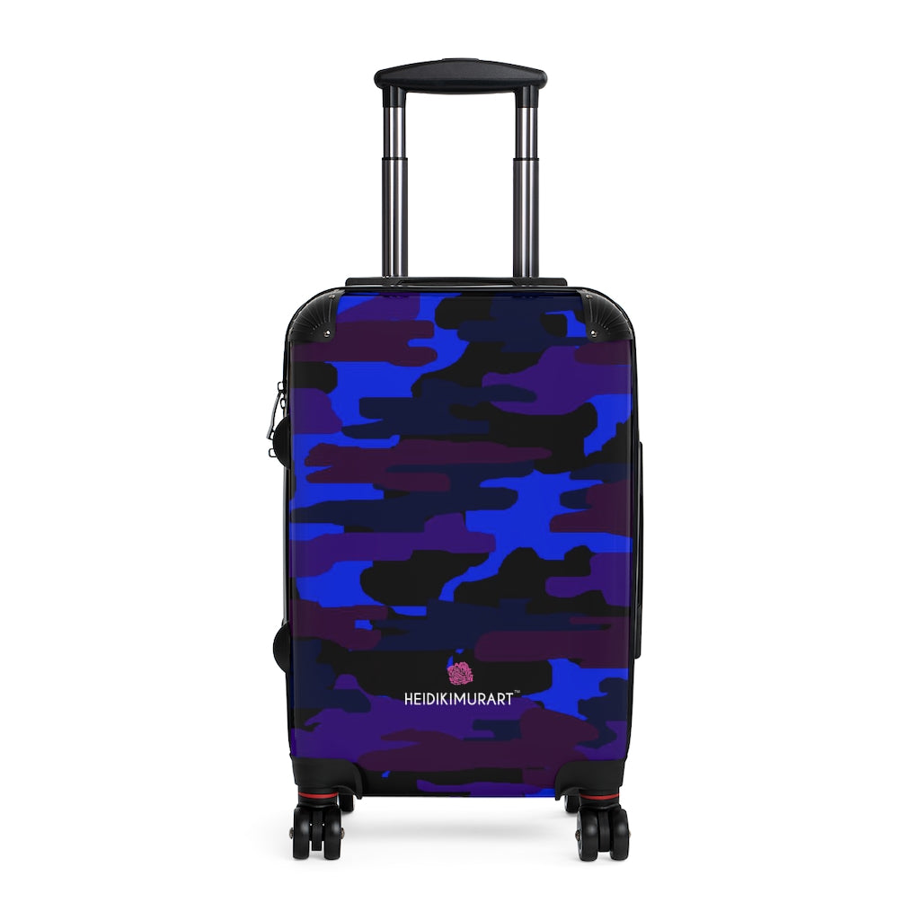 Blue Purple Camo Cabin Suitcase, Camouflaged Army Military Print Carry On Polycarbonate Front and Hard-Shell Durable Small 1-Size Carry-on Luggage With 2 Inner Pockets & Built in Lock With 4 Wheel 360° Swivel and Adjustable Telescopic Handle - Made in USA/UK (Size: 13.3" x 22.4" x 9.05", Weight: 7.5 lb) Unique Cute Carry-On Best Personal Travel Bag Custom Luggage - Gift For Him or Her 