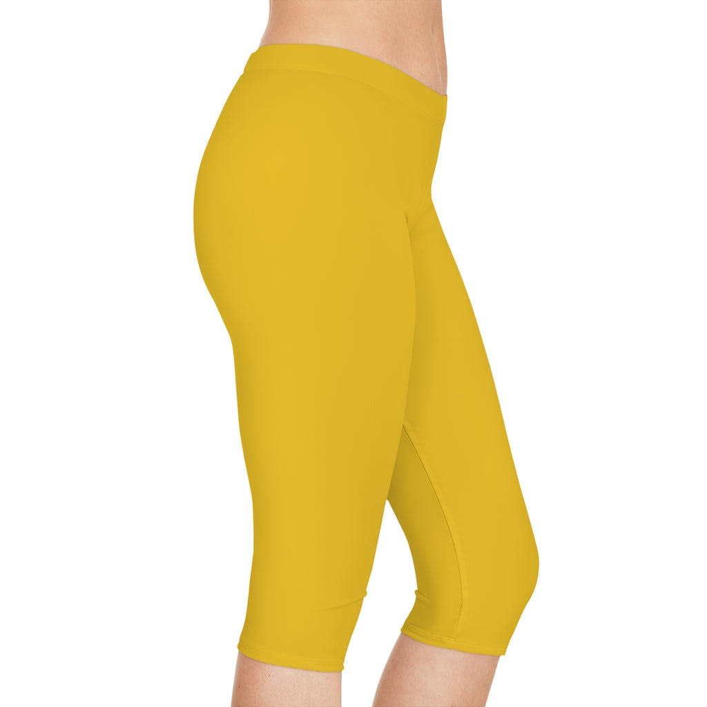 Yellow Color Women's Capri Leggings, Knee-Length Polyester Capris