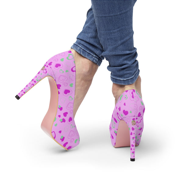 Pink Cute Heart Shaped Valentine's Day Print Women's 4 inch Platform Heels Shoes-4 inch Heels-Heidi Kimura Art LLC