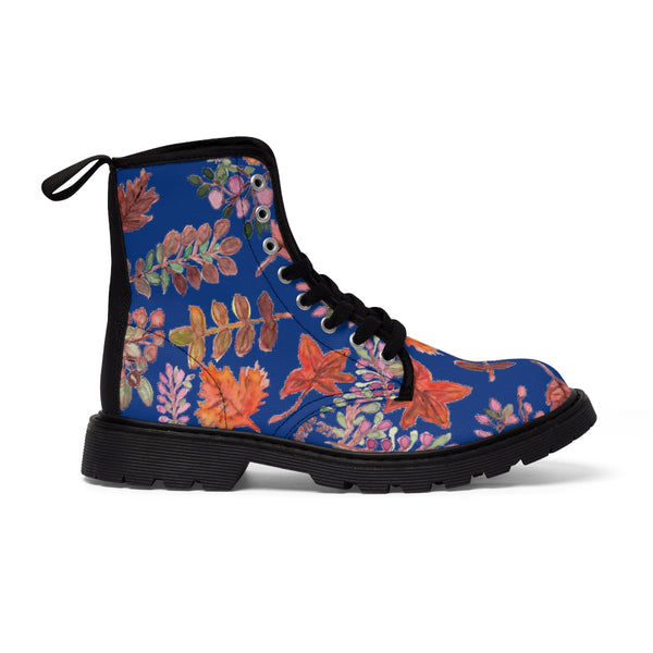 Fall Leaves Print Women's Boots, Blue Autumn Fall Leaves Print Women's Boots, Best Winter Boots For Women