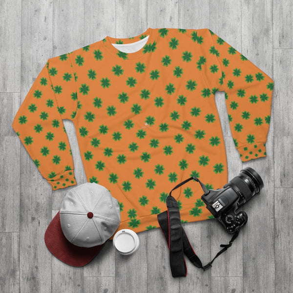 Orange St. Patrick's Day Green Clover Print Unisex Couple's Sweatshirt- Made in USA-Unisex Sweatshirt-Heidi Kimura Art LLC