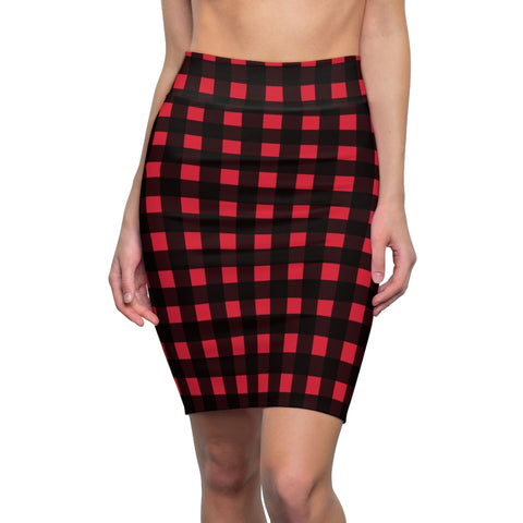 Buffalo Plaid Women's Pencil Skirt, Red Plaid Printed Designer Skirt - Heidikimurart Limited 