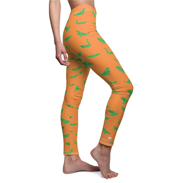 Orange Green Japanese Crane Origami Print Women's Dressy Casual Leggings-Made in USA-Casual Leggings-Heidi Kimura Art LLC