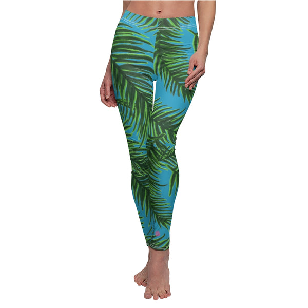Blue Tropical Leaves Casual Tights, Best Jungle Leaves Women's Casual Leggings, Green Jungle Palm Tree Women's Long Leggings, Women's Fashion Best Designer Premium Quality Skinny Fit Premium Quality Casual Leggings - Made in USA (US Size: XS-2XL) 