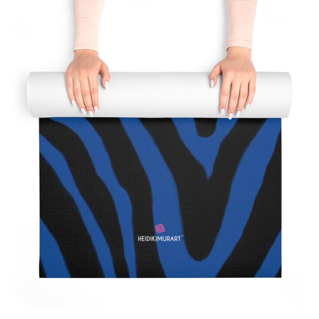 Blue Zebra Foam Yoga Mat, Navy Blue and Black Animal Print Wild & Fun Stylish Lightweight 0.25" thick Best Designer Gym or Exercise Sports Athletic Yoga Mat Workout Equipment - Printed in USA (Size: 24″x72")
