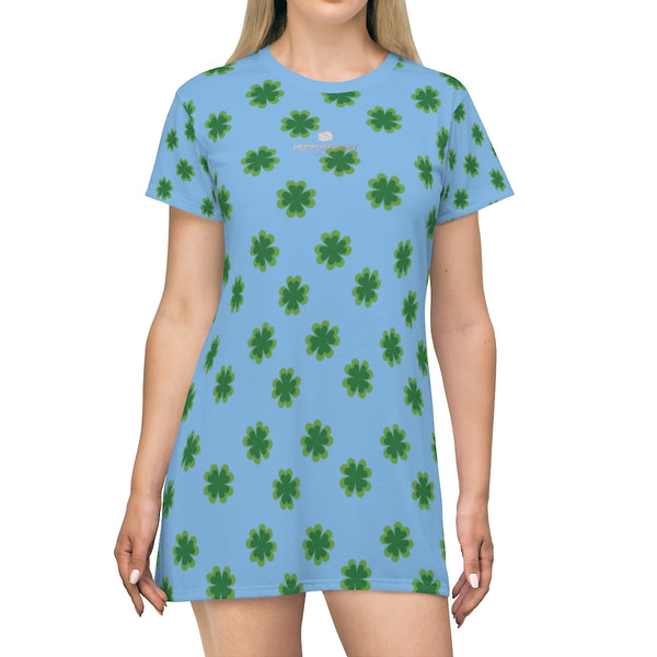 Light Blue Green Clover Print St. Patrick's Day Women's Long T-Shirt Dress- Made in USA-T-Shirt Dress-Heidi Kimura Art LLC