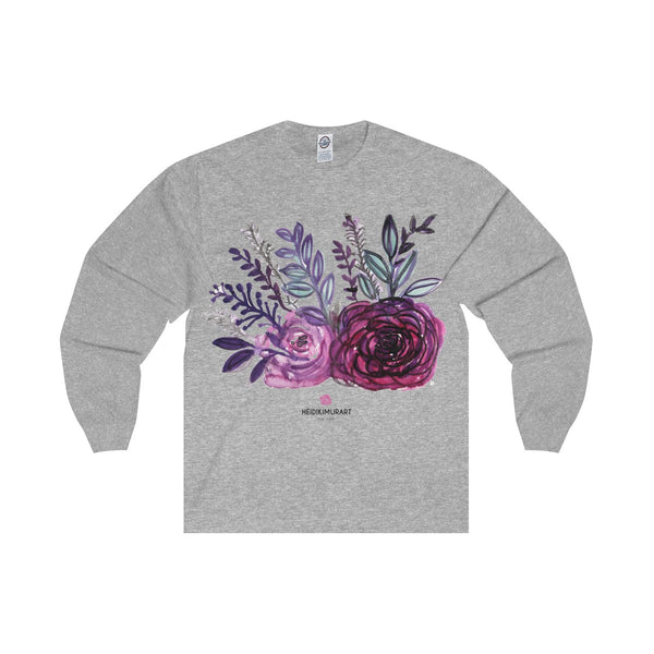 Rose Floral Print Premium Women's Designer Long Sleeve Tee - Made in USA-Long-sleeve-Athletic Heather-S-Heidi Kimura Art LLC