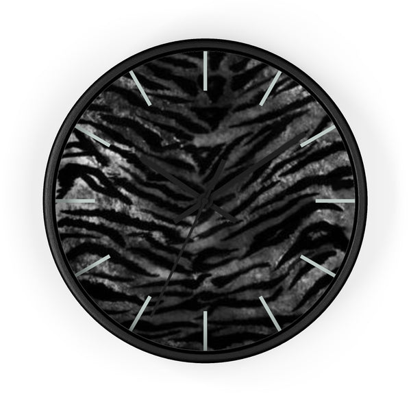 Black Tiger Stripe Wall Clock, Tiger Faux Fur Pattern Print 10" Dia. Walll Clock - Made in USA-Wall Clock-Black-Black-Heidi Kimura Art LLC