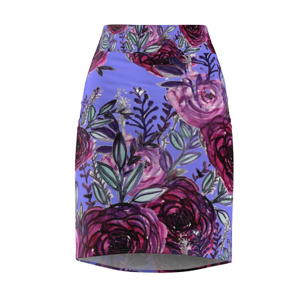 Purple Pink Rose Floral Print Designer Women's Pencil Skirt-Made in USA (US Size: XS-2XL)-Pencil Skirt-Heidi Kimura Art LLC