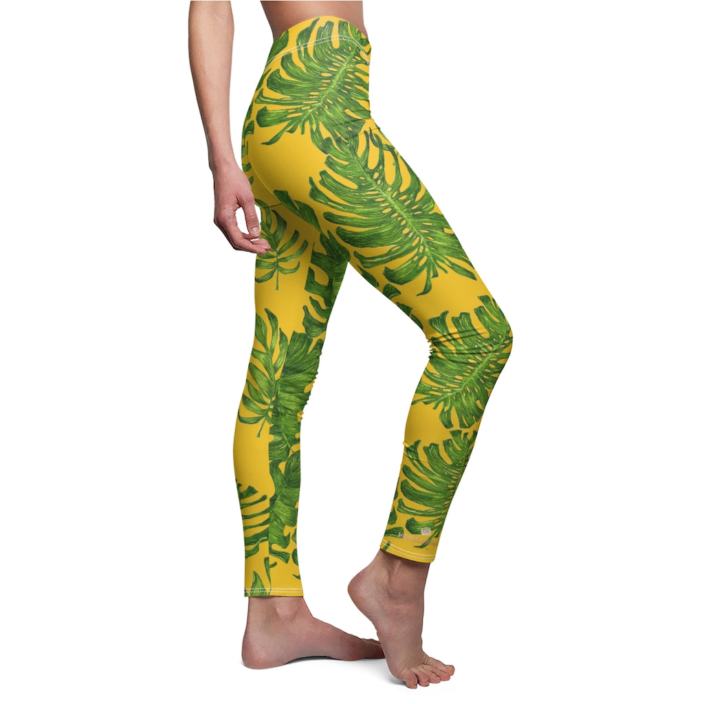 Yellow And Green Tropical Leaf Print Women's Dressy Long Casual Leggings- Made in USA-Casual Leggings-White Seams-M-Heidi Kimura Art LLC