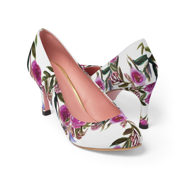 White Floral Garden Purple Pink Rose Designer Women's High Heels Canvas Shoes-3 inch Heels-Pink-US 7-Heidi Kimura Art LLC