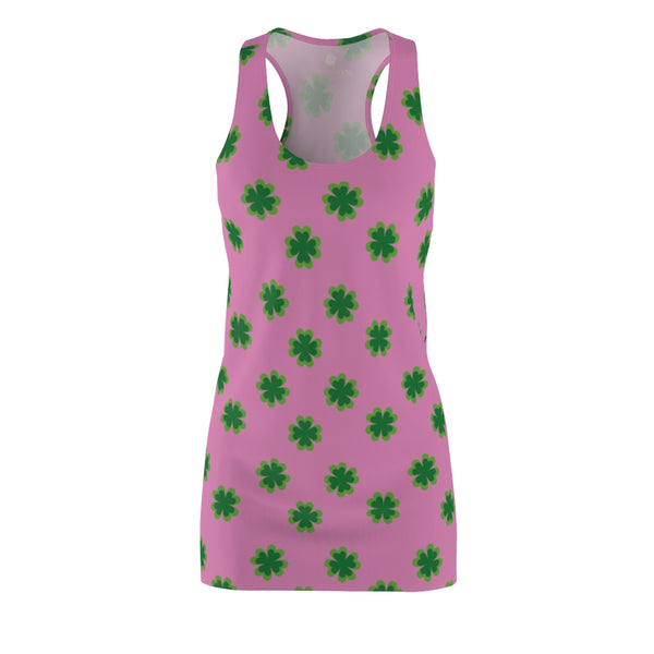 Pink Green Clover Leaf Print St. Patty's Day Long Women's Racerback Dress-Made in USA-Women's Sleeveless Dress-Heidi Kimura Art LLC