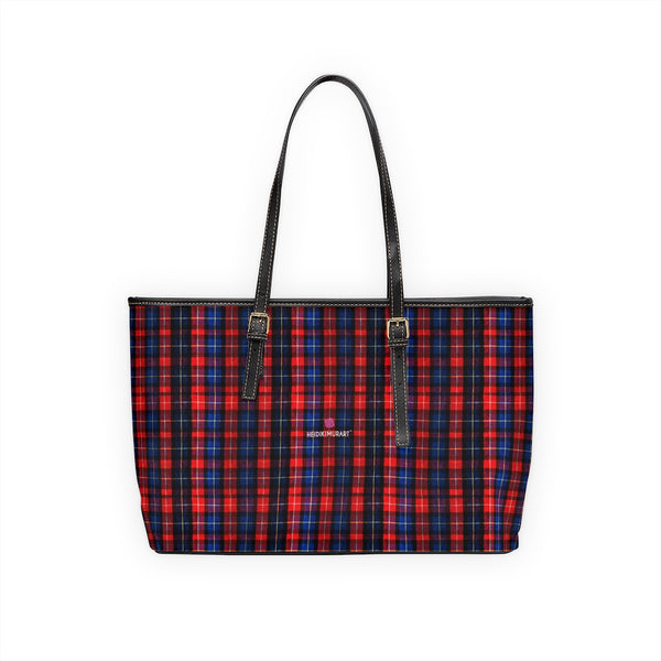 Red Plaid Print Tote Bag, PU Leather Shoulder Hand Work Bag