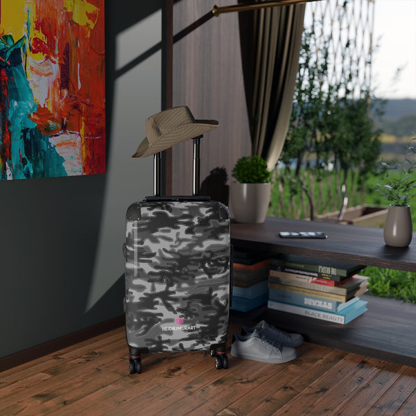 Grey Camo Cabin Suitcase, Camorlauged Army Military Print Carry On Polycarbonate Front and Hard-Shell Durable Small 1-Size Carry-on Luggage With 2 Inner Pockets & Built in Lock With 4 Wheel 360° Swivel and Adjustable Telescopic Handle - Made in USA/UK (Size: 13.3" x 22.4" x 9.05", Weight: 7.5 lb) Unique Cute Carry-On Best Personal Travel Bag Custom Luggage - Gift For Him or Her 