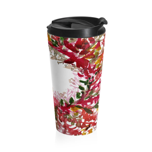 Red Autumn Floral Print Stainless Steel 15 oz (0.44 l) Travel Mug, Made in USA-Mug-Travel Mug-Heidi Kimura Art LLC