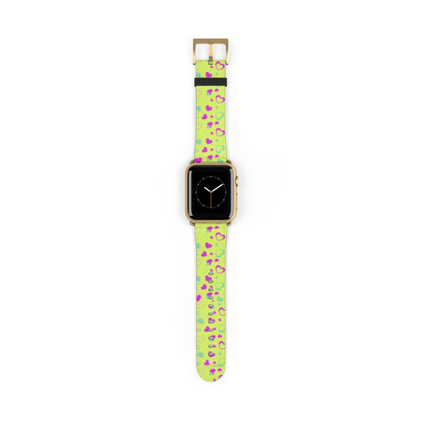 Light Green Pink Hearts Shaped Print Premium 38mm/ 42mm Watch Band- Made in USA-Watch Band-38 mm-Gold Matte-Heidi Kimura Art LLC