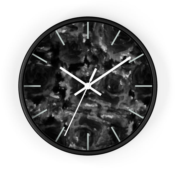 Black Floral Print Wall Clock, Rose 10" Dia. Unique Indoor Abstract Wall Clock - Made in USA-Wall Clock-Black-White-Heidi Kimura Art LLC