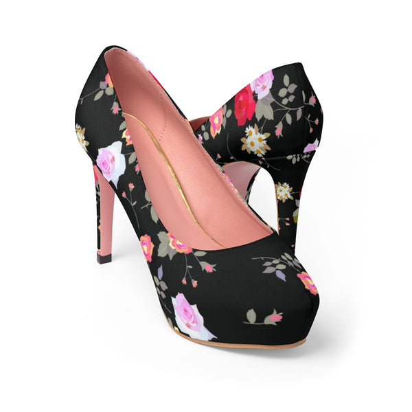 Black Floral Rose Heels, Flower Print Best Women's Platform Heels Stiletto Pumps Shoes-4 inch Heels-Heidi Kimura Art LLC
