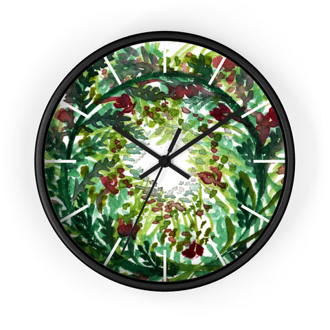 Fall Leaves Red Christmas Wreath Floral Print Flower 10"Dia. Wall Clock - Made in USA-Wall Clock-Black-Black-Heidi Kimura Art LLC
