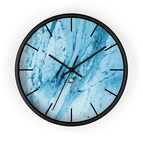 Blue White Marble Print Art Large Indoor 10" inch dia. Designer Wall Clock-Made in USA-Wall Clock-10 in-Black-Black-Heidi Kimura Art LLC
