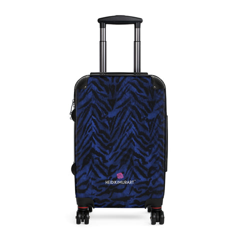 Blue Tiger Striped Cabin Suitcase, Animal Print Carry On Polycarbonate Front and Hard-Shell Durable Small 1-Size Carry-on Luggage With 2 Inner Pockets & Built in Lock With 4 Wheel 360° Swivel and Adjustable Telescopic Handle - Made in USA/UK (Size: 13.3" x 22.4" x 9.05", Weight: 7.5 lb) Unique Cute Carry-On Best Personal Travel Bag Custom Luggage - Gift For Him or Her 