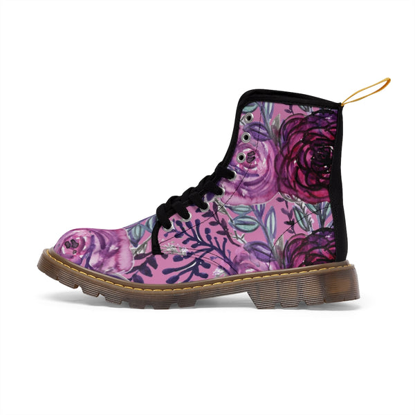 Pink Rose Floral Women's Boots, Purple Chic Flower Print Hiking Combat Laced-up Winter Boots For Ladies
