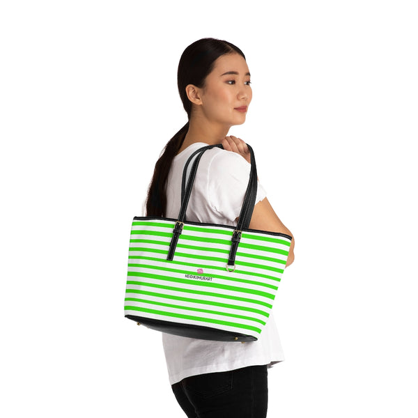 Green Stripes Best Tote Bag, Green White Striped PU Leather Shoulder Large Spacious Durable Hand Work Bag 17"x11"/ 16"x10" With Gold-Color Zippers & Buckles & Mobile Phone Slots & Inner Pockets, All Day Large Tote Luxury Best Sleek and Sophisticated Cute Work Shoulder Bag For Women With Outside And Inner Zippers