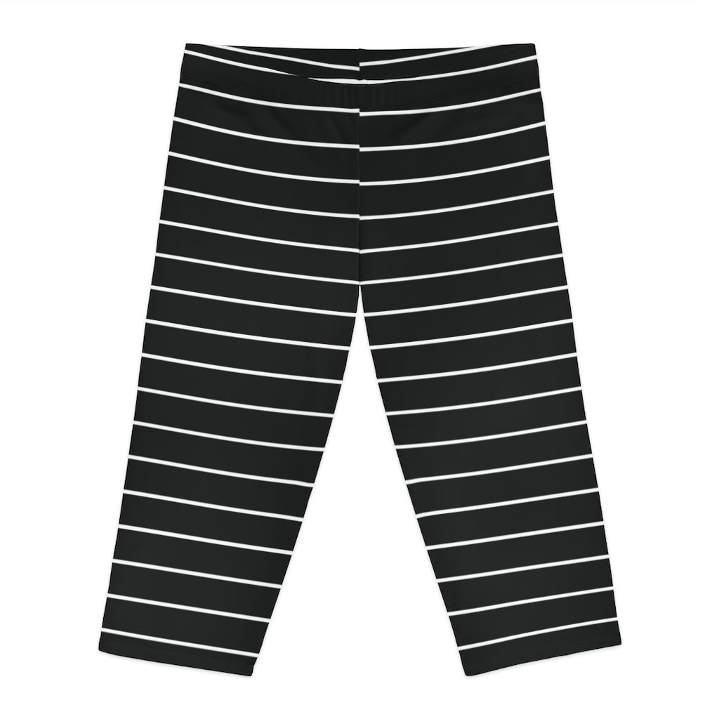 Black Striped Women's Capri Leggings, Modern Black and White Horizontally Striped Print American-Made Best Designer Premium Quality Knee-Length Mid-Waist Fit Knee-Length Polyester Capris Tights-Made in USA (US Size: XS-3XL) Plus Size Available