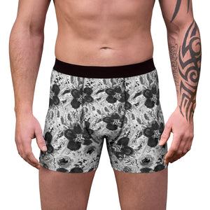 Grey Floral Print Men's Underwear, Designer Boxer Briefs-All Over Prints-Printify-L-Black Seams-Heidi Kimura Art LLC