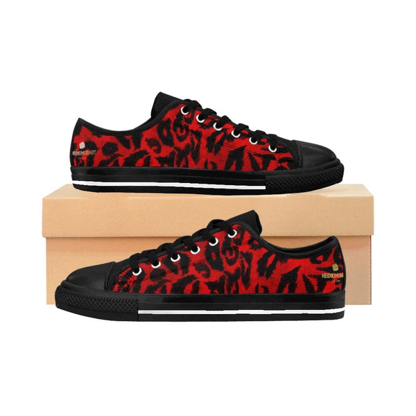 Bright Red Leopard Animal Print Premium Men's Low Top Canvas Sneakers Tennis Shoes-Men's Low Top Sneakers-Heidi Kimura Art LLC