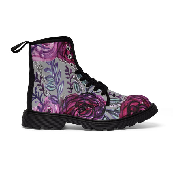Grey Pink Floral Women's Boots, Flower Rose Print Elegant Feminine Casual Fashion Gifts, Flower Rose Print Shoes For Rose Lovers, Combat Boots, Designer Women's Winter Lace-up Toe Cap Hiking Boots Shoes For Women (US Size 6.5-11)