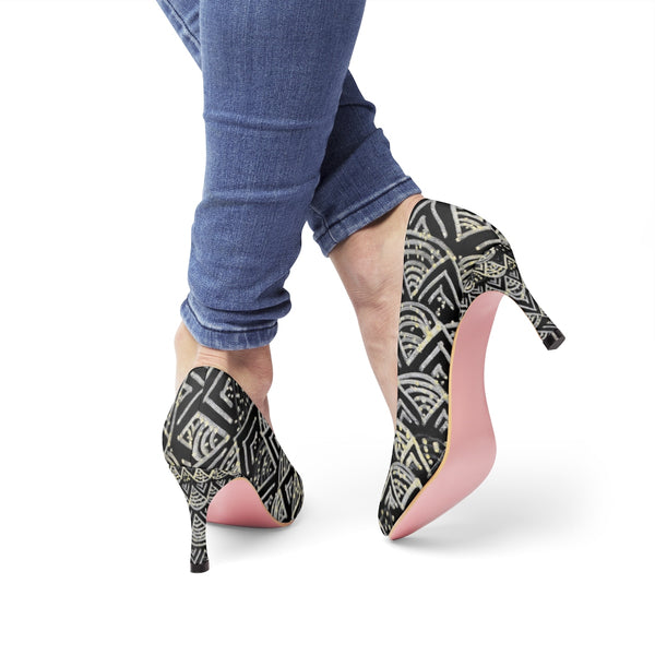 Stylish African Tribal Black Gold Pattern Women's 3" High Heels (US Size: 5-11)-3 inch Heels-Heidi Kimura Art LLC