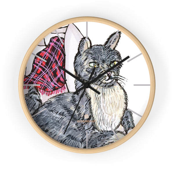 Gray Cat Print Wall Clock, Cute Animal Art Print 10 in. Dia. Indoor Wall Clock- Made in USA-Wall Clock-10 in-Wooden-Black-Heidi Kimura Art LLC