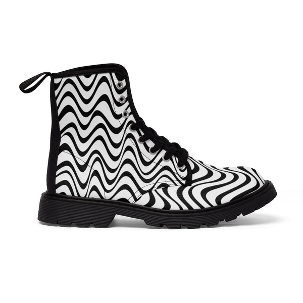 Wavy Print Men's Boots, Black White Best Modern Men's Winter Hiking Canvas Boots, Fashionable Anti Heat + Moisture Designer Comfortable Stylish Men's Winter Hiking Boots Shoes For Men (US Size: 7-10.5)