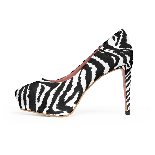 Zebra Print Women's Heels, Best Black White Stripe Animal Print 4 inch Platform Heels-4 inch Heels-Heidi Kimura Art LLC
