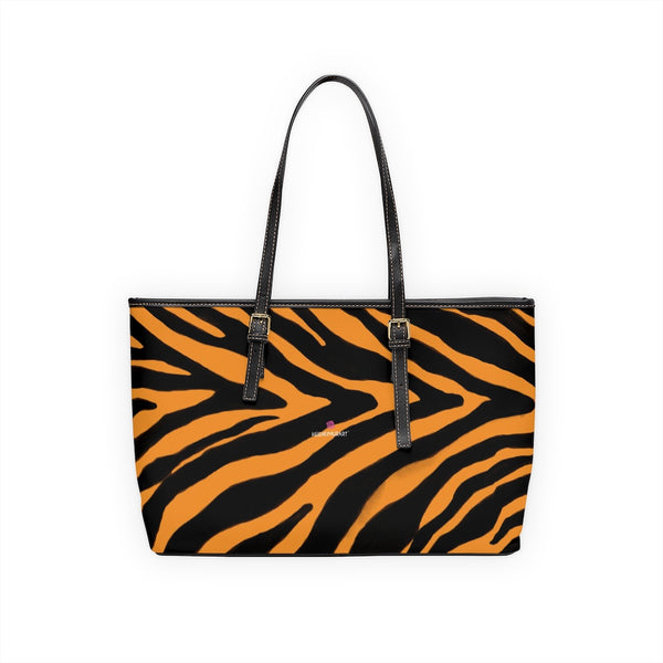 Orange Zebra Tote Bag, Zebra Striped Orange and Black Animal Print PU Leather Shoulder Large Spacious Durable Hand Work Bag 17"x11"/ 16"x10" With Gold-Color Zippers & Buckles & Mobile Phone Slots & Inner Pockets, All Day Large Tote Luxury Best Sleek and Sophisticated Cute Work Shoulder Bag For Women With Outside And Inner Zippers