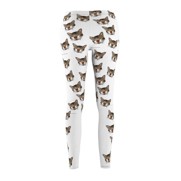 White Peanut Meow Cat Cute Calico Print Women's Fancy Casual Leggings- Made in USA-All Over Prints-Heidi Kimura Art LLC