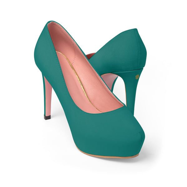 Teal Blue Solid Color Print Luxury Premium Women's Platform Heels (US Size: 5-11)-4 inch Heels-Heidi Kimura Art LLC