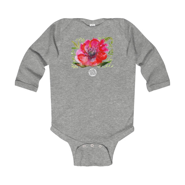 Red Hibiscus Floral Cute Infant Long Sleeve Bodysuit - Made in UK (UK Size: 6M-24M)-Kids clothes-Heather-12M-Heidi Kimura Art LLC