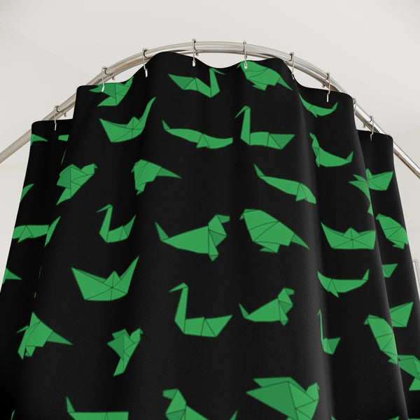 Black Crane Polyester Shower Curtain, Japanese Origami Style Crane Birds Print 71" × 74" Modern Kids or Adults Colorful Best Premium Quality American Style One-Sided Luxury Durable Stylish Unique Interior Bathroom Shower Curtains - Printed in USA