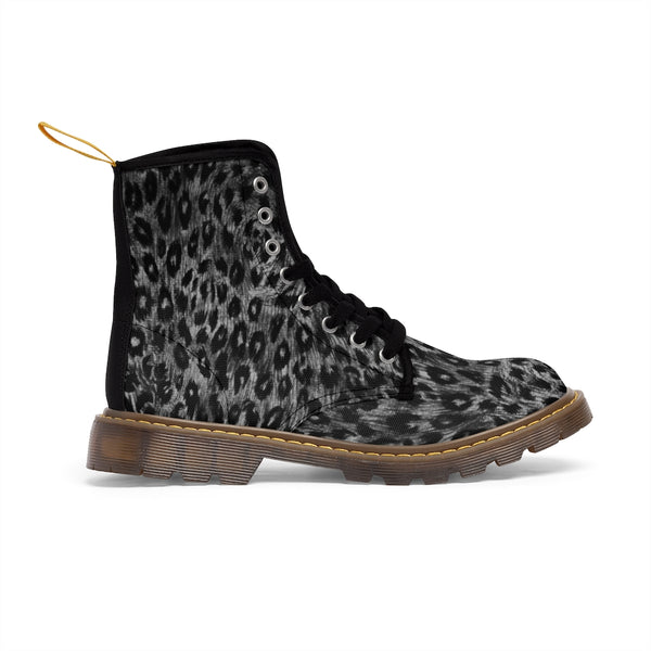 Grey Leopard Men's Canvas Boots, Wild Animal Print Designer Winter Laced-up Boots For Men-Shoes-Printify-Heidi Kimura Art LLC
