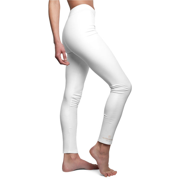 White Solid Color Print Women's Dressy Long Casual Leggings- Made in USA-All Over Prints-Heidi Kimura Art LLC