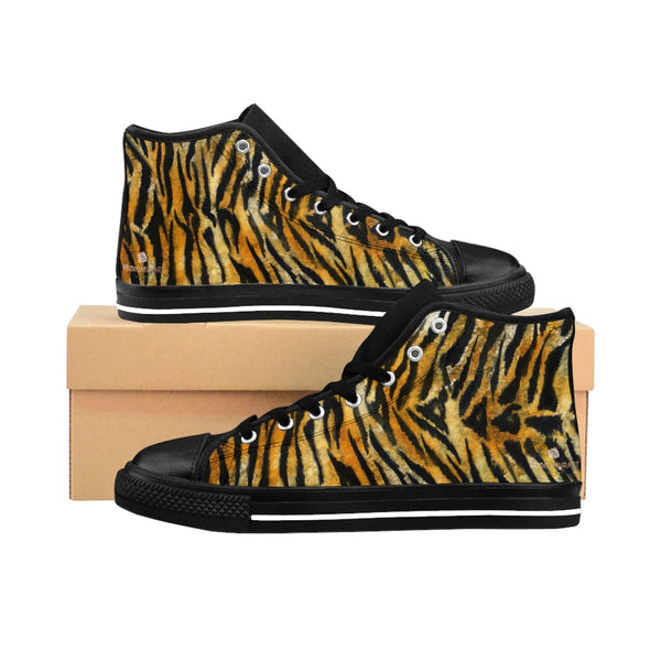 Orange Tiger Men's High-top Sneakers, Animal Striped Print Designer Men's Shoes, Men's High Top Sneakers US Size 6-14, Mens High Top Casual Shoes, Unique Fashion Tennis Shoes, Tiger Print Canvas Sneakers, Mens Modern Footwear, Wildlife Gift Idea, Animal Lover Print Shoes (US Size: 6-14)