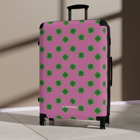 Pink Clover Print Suitcases, Irish Style St. Patrick's Day Holiday Designer Suitcase Luggage (Small, Medium, Large) Unique Cute Spacious Versatile and Lightweight Carry-On or Checked In Suitcase, Best Personal Superior Designer Adult's Travel Bag Custom Luggage - Gift For Him or Her - Made in USA/ UK