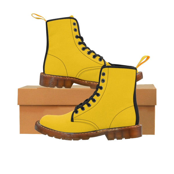 Yellow Women's Canvas Boots, Solid Color Modern Essential Winter Boots For Ladies-Shoes-Printify-Brown-US 9-Heidi Kimura Art LLC Yellow Women's Canvas Boots, Solid Color Modern Essential Casual Fashion Hiking Boots, Cavnas Hiker's Shoes For Mountain Lovers, Stylish Premium Combat Boots, Designer Women's Winter Lace-up Toe Cap Hiking Boots Shoes For Women (US Size 6.5-11)
