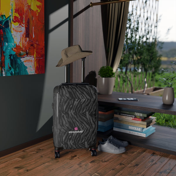 Grey Tiger Striped Cabin Suitcase, Animal Print Carry On Polycarbonate Front and Hard-Shell Durable Small 1-Size Carry-on Luggage With 2 Inner Pockets & Built in Lock With 4 Wheel 360° Swivel and Adjustable Telescopic Handle - Made in USA/UK (Size: 13.3" x 22.4" x 9.05", Weight: 7.5 lb) Unique Cute Carry-On Best Personal Travel Bag Custom Luggage - Gift For Him or Her 